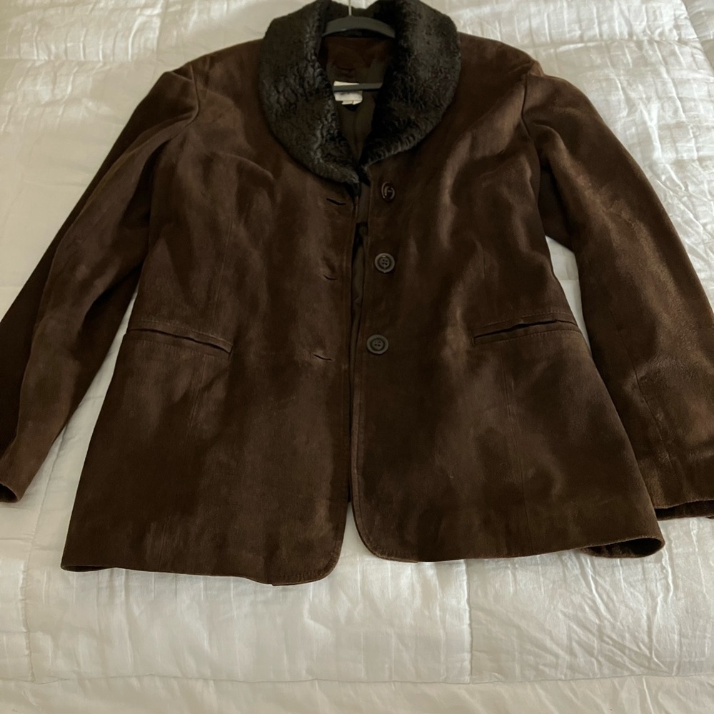 Vakko Brown Suede Jacket with Fur Trim